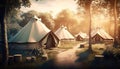 Camping tents in the forest at sunset. 3d illustration.