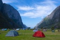 Camping tents in Lysebotn Fjord Royalty Free Stock Photo