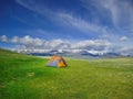 Camping tent in wild camping, Altai Mountains, Western Mongolia