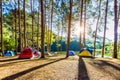 Camping tents under pine trees with sunlight at Pang Ung lake, Mae Hong Son in THAILAND Royalty Free Stock Photo