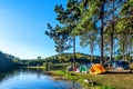 Camping tents under pine trees with sunlight at Pang Ung lake, Mae Hong Son in Thailand Royalty Free Stock Photo