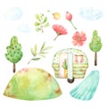 Camping themed children illustration style set of watercolor graphics including wide hill, river, green caravan, two trees, two fl