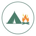 Camping-themed illustration features a green triangular tent and an adjacent campfire Royalty Free Stock Photo