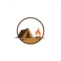 Camping-themed logo featuring a brown tent and a campfire within a circular frame. The Royalty Free Stock Photo