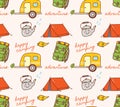 Camping themed seamless background with tent and caravan