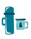 Camping thermos and enameled mug. Travel set with thermos. Take away coffee or tea. Winter or camping traditional warming drink.