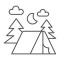 Camping thin line icon, nature and hiking, camp sign, vector graphics, a linear pattern on a white background.