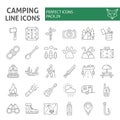 Camping thin line icon set, hiking symbols collection, vector sketches, logo illustrations, travel signs linear