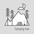 Camping time grey-white illustration for t-shirt print.