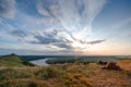 Camping at the top of the mountain. Wilderness. Motorcycle and tourist tent, camp. Active lifestyle and vacation concept. Bike Royalty Free Stock Photo