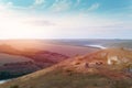 Camping at the top of the mountain. Wilderness. Motorcycle and tourist tent, camp. Active lifestyle and vacation concept. Bike Royalty Free Stock Photo