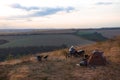 Camping at the top of the mountain. Wilderness. Motorcycle and tourist tent, camp. Active lifestyle and vacation concept. Bike Royalty Free Stock Photo