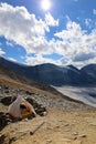 Camping on the top of ÃÅssers Barrhorn, Weisshorn and Bishorn covered by Brunegg glaciers in Swiss Alps, Wallis, Switzerland