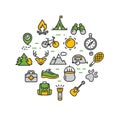 Camping Tourism Hiking Round Design Template Thin Line Icon. Vector