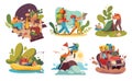Camping tourist hiking people, adventures in nature vector illustration