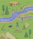 Camping tourist season vacation on the river bank bonfire tourists nature forest fishing campfire students vector.