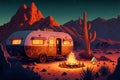 Camping trailer with bonfire in the desert. Vector illustration.