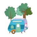 Camping trailer bush trees cartoon isolated icon design