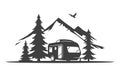 Camping trailer mountain forest spruce tree halt vintage icon design vector isometric illustration Royalty Free Stock Photo