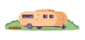 Camping trailer parked at green grass bushes near wood log and ax isometric vector flat illustration