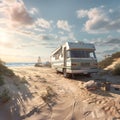 Camping trailer on sea beach. Campervan, motorhome. Auto Tourism concept. Campervan on the sand ocean beach . Summer vacation