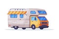 Camping trailer truck with awning. Recreational vehicle van, mobile home on wheels vector illustration