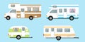 Camping trailers set on blue background.