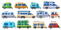 Camping trailers, tourism road home, rv cars and camper vehicles. Road trucks, outdoor vacation caravan cars vector flat