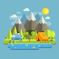 Camping Travel Flat Landscape with RV Camper