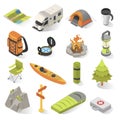 Camping and travel isometric elements vector illustration