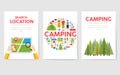 Camping trip cards set. Hiking template of flyear, magazines, posters, book cover, banners. Trave tourl infographic concept