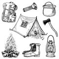 Camping trip, outdoor adventure, hiking. Set of tourism equipment. engraved hand drawn in old sketch, vintage style for