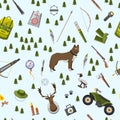 Camping trip seamless pattern. accessories and base camp. hike outdoor adventure elements. tourism, engraved hand drawn