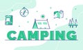 camping typography word art background of icon backpack compass tent map tree with outline style Royalty Free Stock Photo