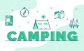 camping typography word art background of icon backpack compass tent map tree with outline style