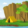 Camping Under the Cliff in Summer Day Vector Illustration