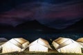 Camping under colourful sky full of stars. Glowing tents with silhouette mountains and sky full of star at Rangdum Monastery in In Royalty Free Stock Photo