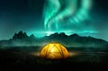 Camping Under Dancing Green Aurora Northern Lights