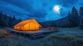 Camping under full moon in serene forest setting with illuminated tent and picnic area Royalty Free Stock Photo
