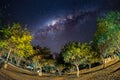Camping under starry sky and Milky Way arc, with details of its colorful core, outstandingly bright, captured in Southern Africa. Royalty Free Stock Photo
