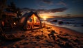 Camping under the sunset, nature beauty in tranquil dusk generated by AI