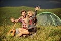 Camping vacation. Camping in mountains. Family travel. Love concept. Hiking romance. Couple in love happy relaxing