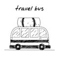 Camping van handdrawn illustration. Cartoon vector clip art of an old camper van. Black and white sketch of a vehicle with large