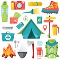 Camping vector camp adventure for tourism and travelling in forest illustration set of campground equipment and campfire