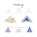 Camping vector illustrations. Boho tent, line tipi for web about summer camp, nature rest.