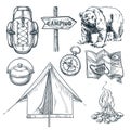 Camping vector sketch illustration. Camp stuff design elements isolated on white background