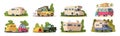 Camping vehicles. Outdoor travel cars for happy vacation time exact vector camping tourism adventure cartoon