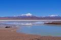 Camping vehicles standing by the Lagoon Laguna Brava, near Paso Pircas Negras mountain pass, Argentina, La Rioja, South