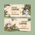 Camping voucher design with axe, rod, pot, canned food watercolor illustration