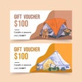Camping voucher design with backpack, lantern, hiking boots watercolor illustration